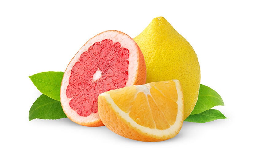 Citrus fruits like oranges, lemon, pineapple